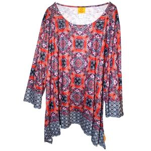 Ruby Rd Woman Orange Mandala Print Embellished Tunic Top 3X